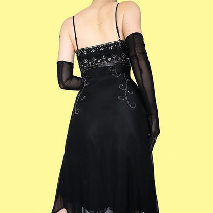 Black beaded midi evening dress UK 8 & UK 12