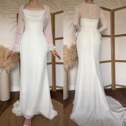 D’zage ivory long sleeve pearl wedding dress uk 12-14