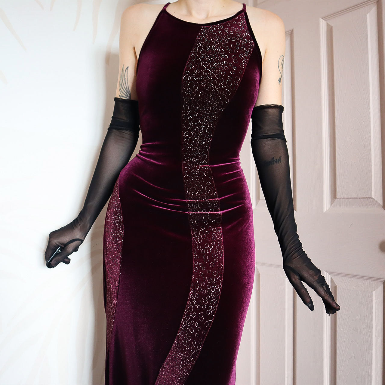 Dark purple stretch glittery evening dress UK 12