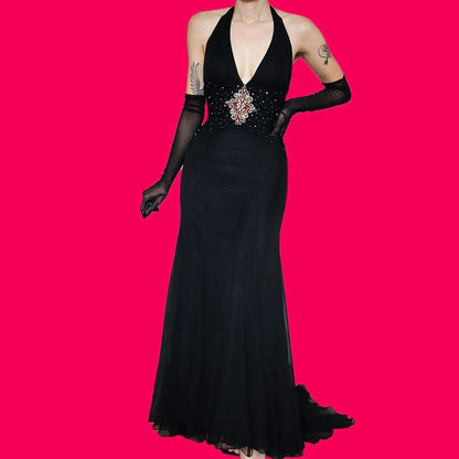 Bernshaw black 100% silk halter-neck evening gown UK 10