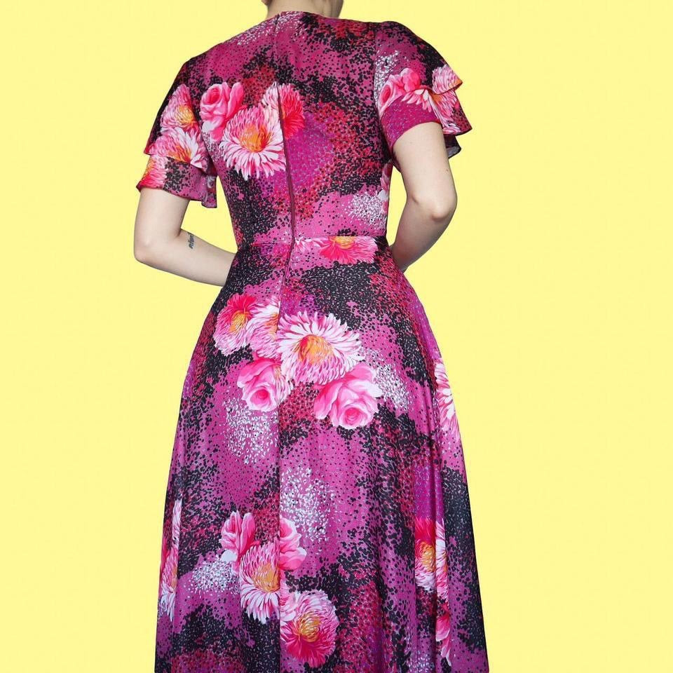 Vintage 70s Pink Floral Flared Sleeve A-Line Dress UK 8