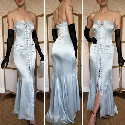 Ice blue beaded lace up evening dress uk 12