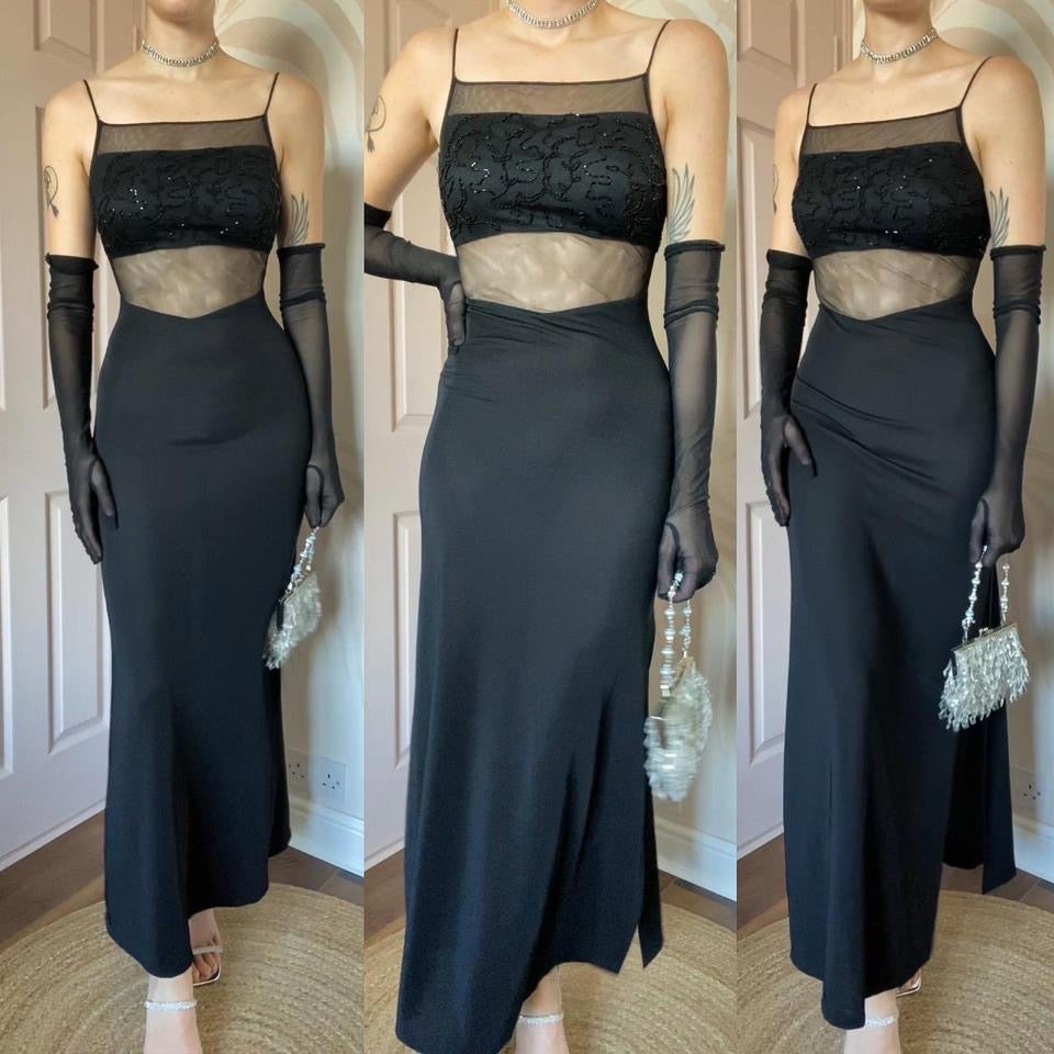 John Charles black sheer waist evening dress UK 12