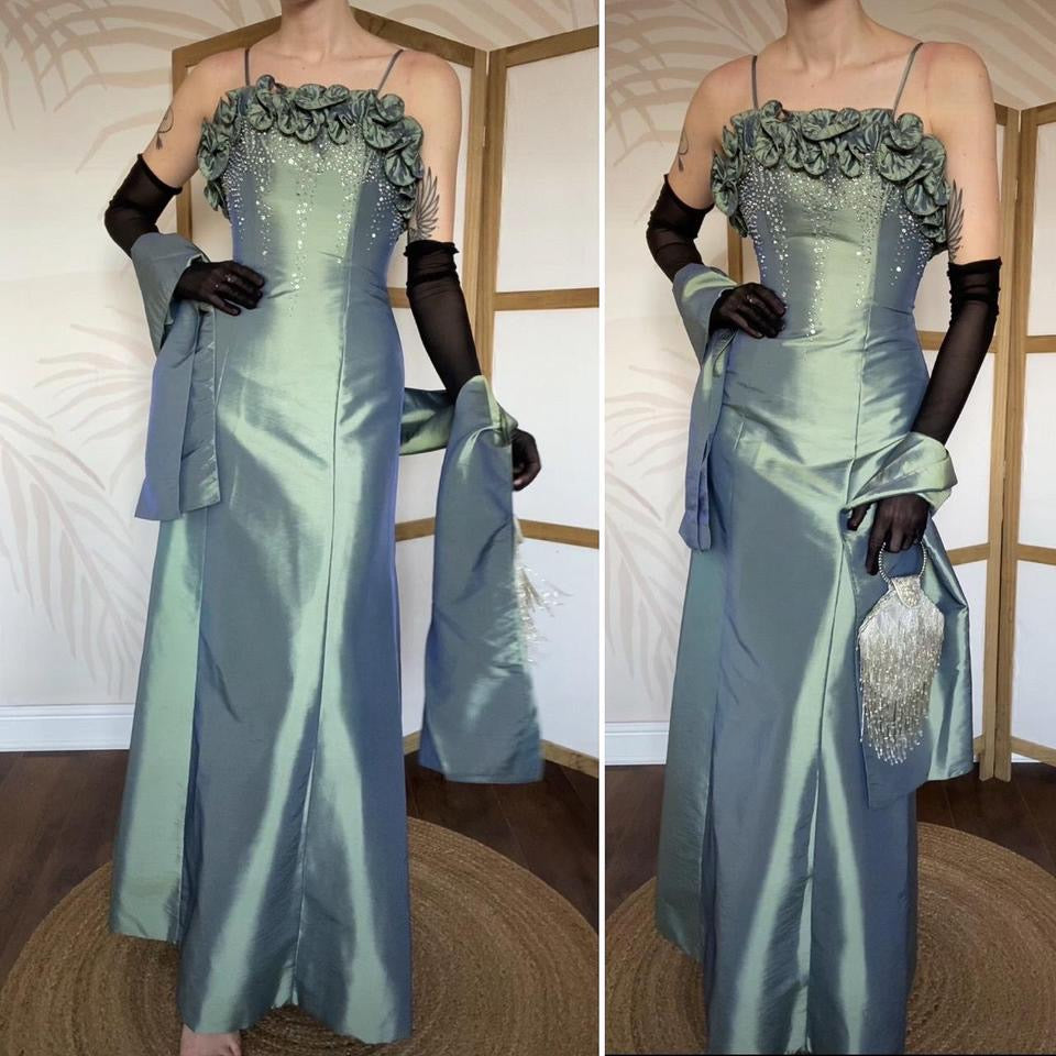 Hilary Morgan green evening dress & shawl UK 8-10