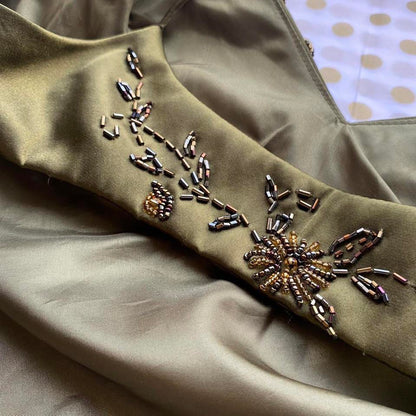 Olive green beaded open back evening gown UK 12