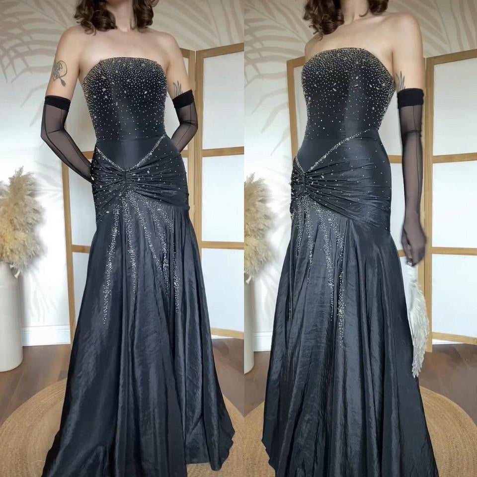 Black beaded strapless lace back prom dress uk 6
