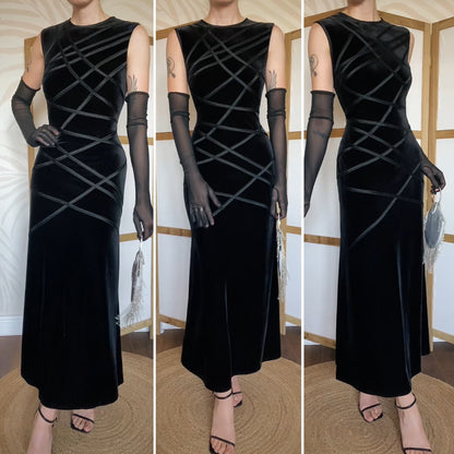 Simon Ellis black velvet stretch evening dress uk 14