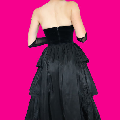Black strapless velvet evening dress UK 10
