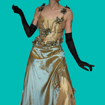 Golden tan 2 piece floral evening set UK 12