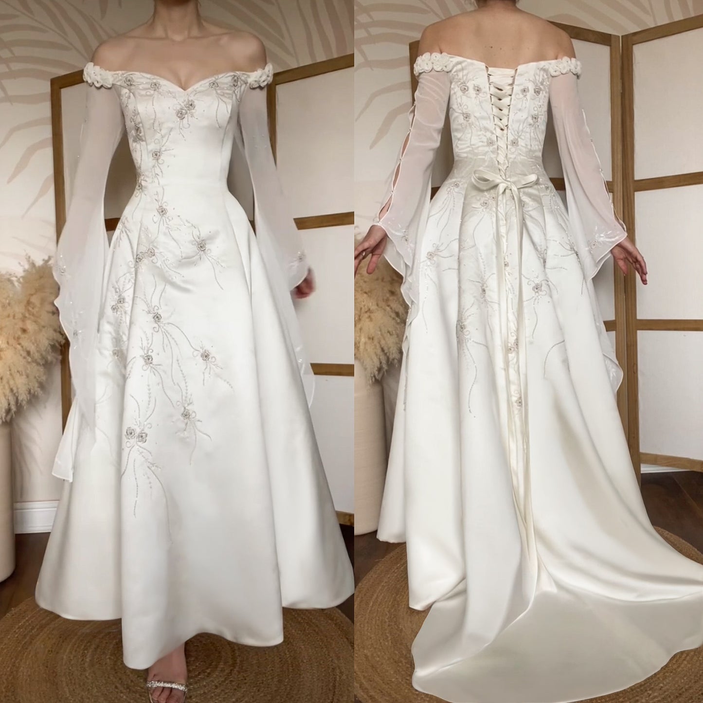 Dreamy off shoulder ivory long sleeve vintage wedding dress uk 12-14