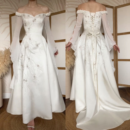 Dreamy off shoulder ivory long sleeve vintage wedding dress uk 12-14