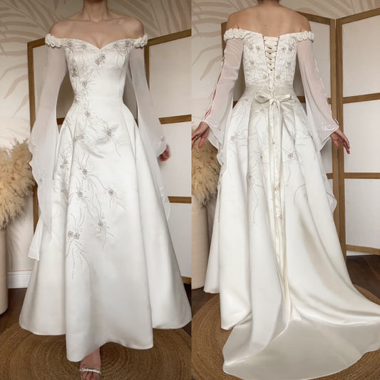 Dreamy off shoulder ivory long sleeve vintage wedding dress uk 12-14