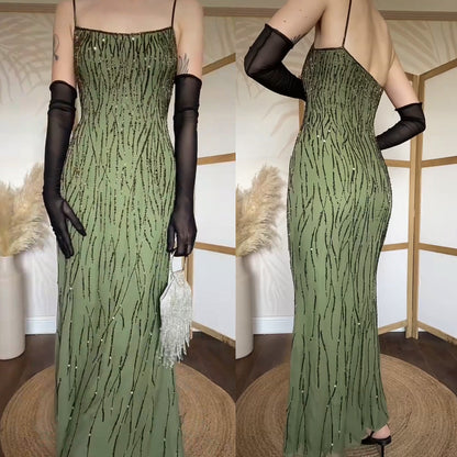Green pure silk beaded evening dress uk 12