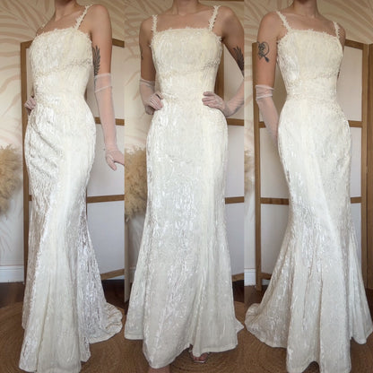 Ivory crinkled velvet wedding dress uk 10-12