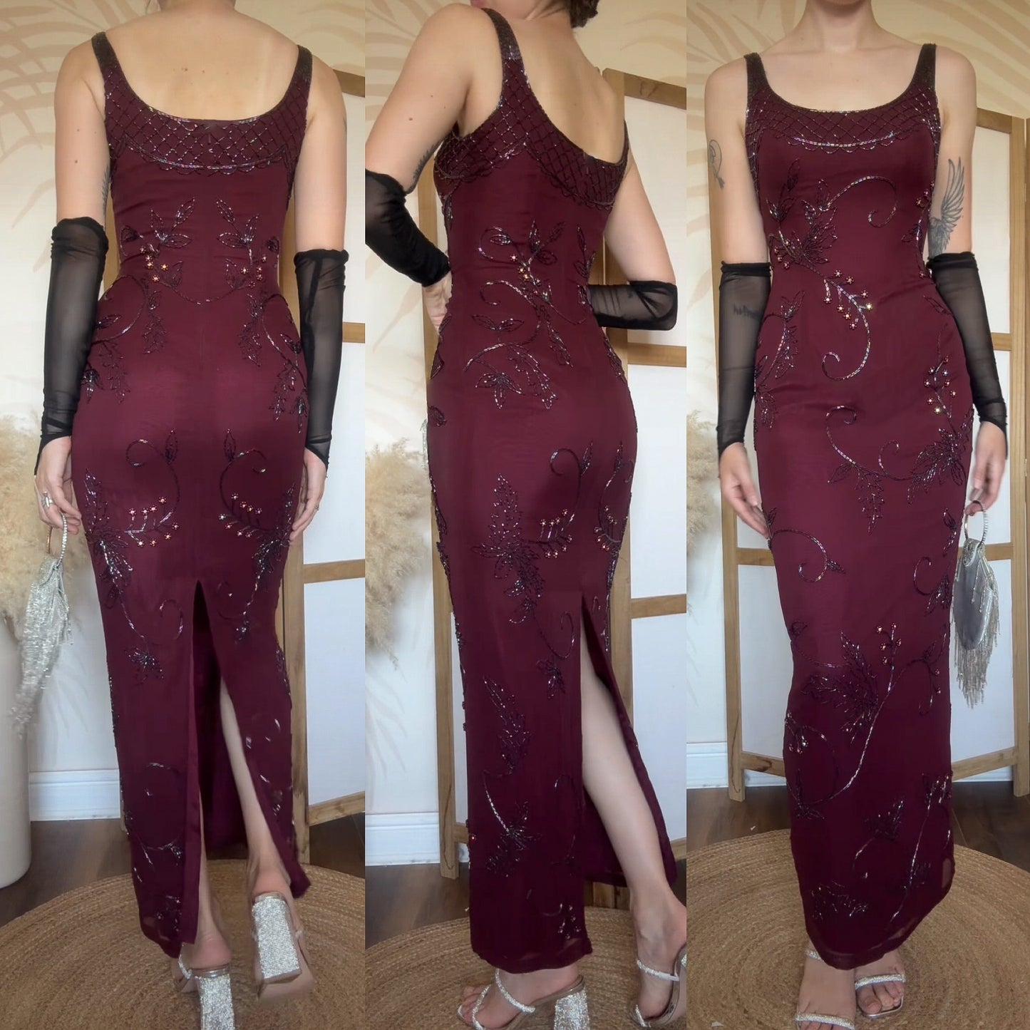 Yve London 100% silk burgundy beaded evening dress uk 10