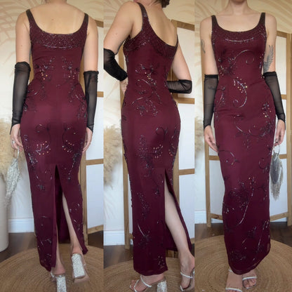 Yve London 100% silk burgundy beaded evening dress uk 10