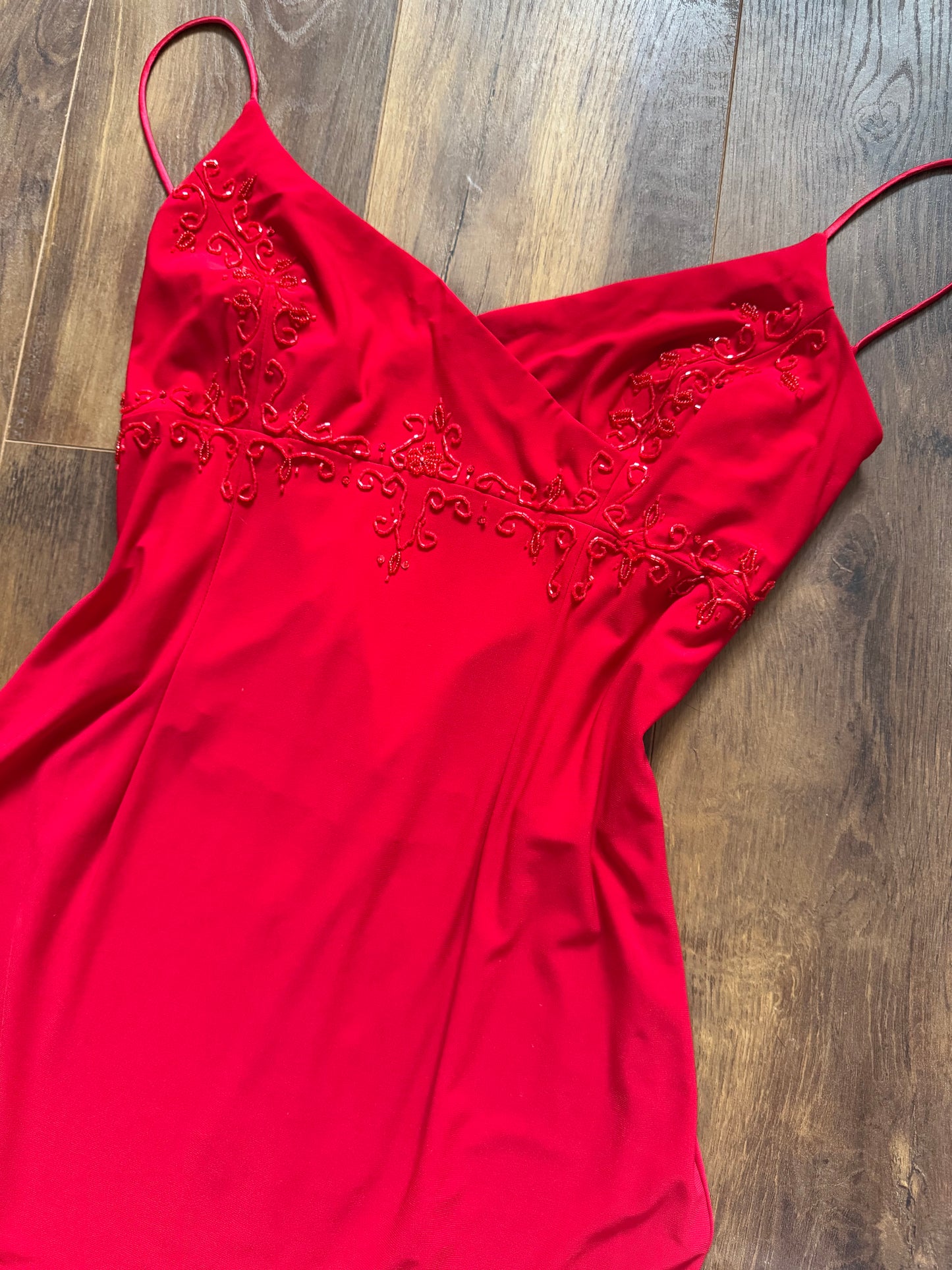 Flori red stretch beaded evening dress UK 14