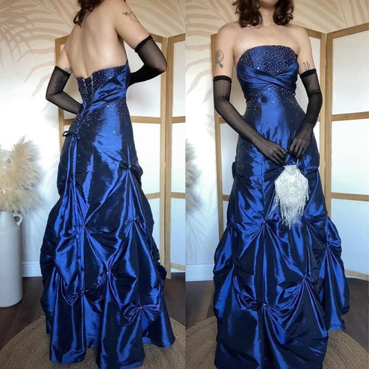 Navy shimmery taffeta beaded prom dress uk 12-14