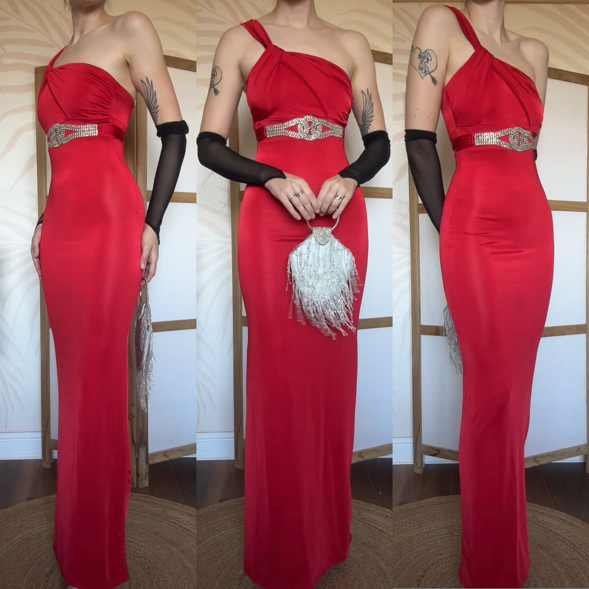 Red stretchy one shoulder evening dress uk 8