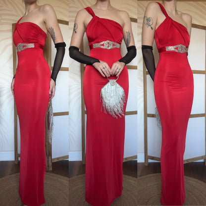 Red stretchy one shoulder evening dress uk 8