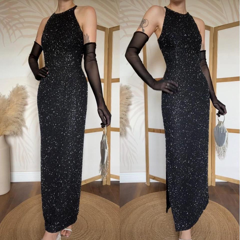 Marina black beaded open back evening dress uk 8