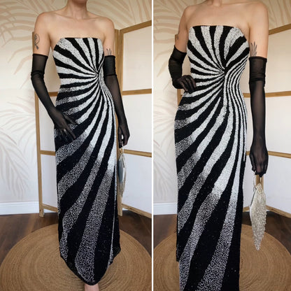 Black & white Kaleidoscope beaded strapless evening dress UK 12 & 14 available