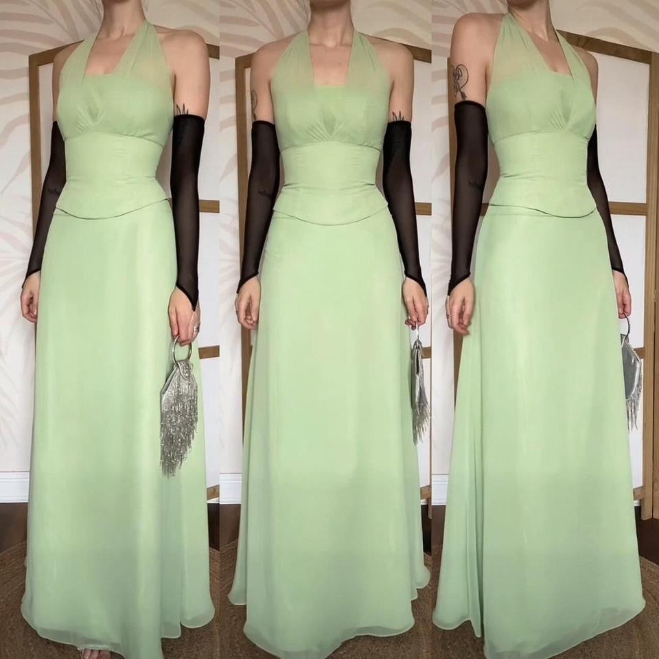 Green halter-neck chiffon evening dress uk 8