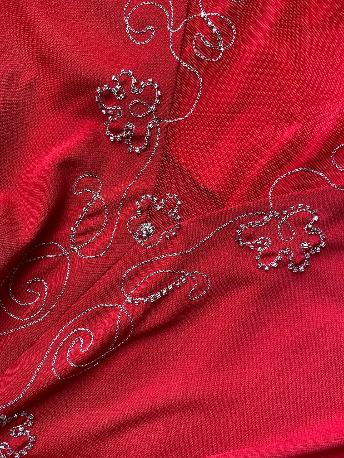 Red stretch embroidered evening dress UK 14-16