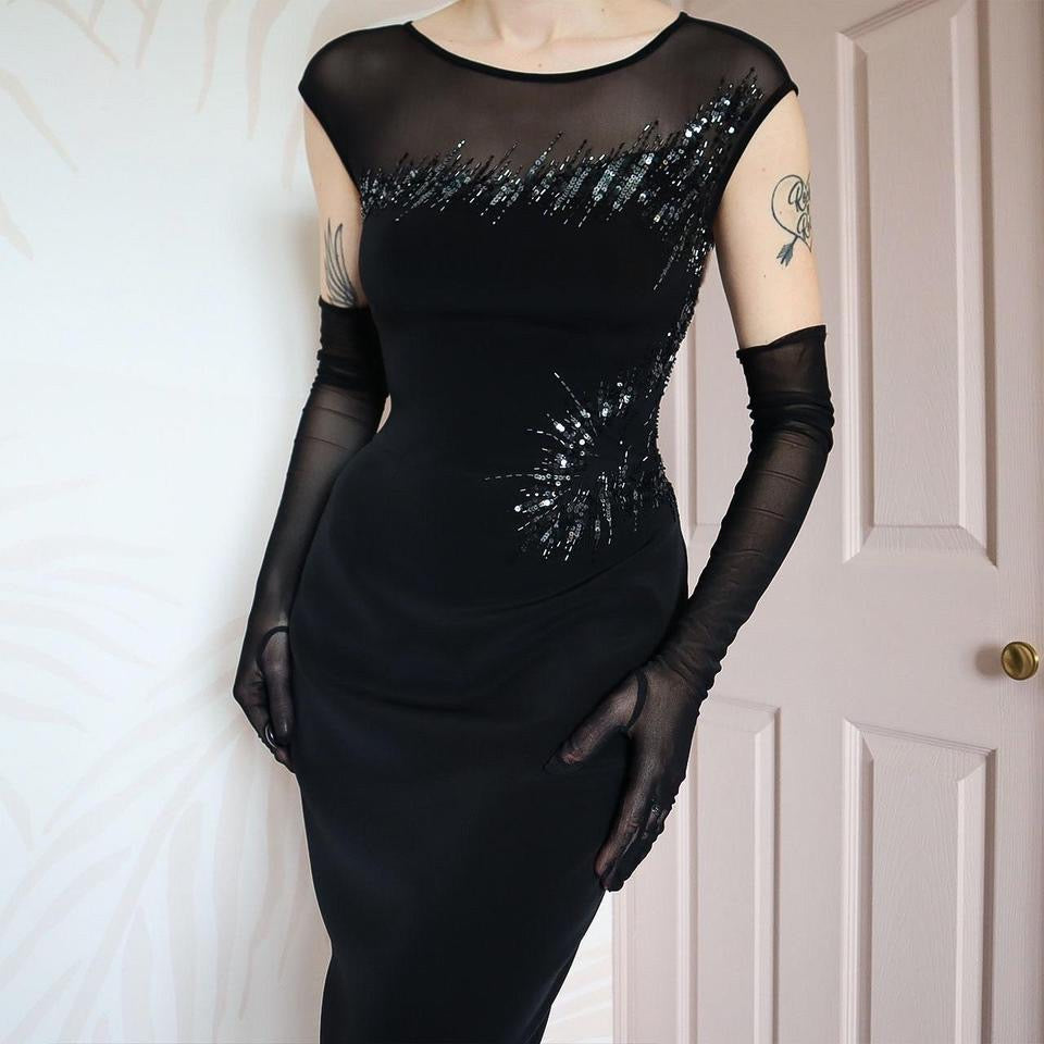 Frank Usher black fitted sequin evening dress UK 10