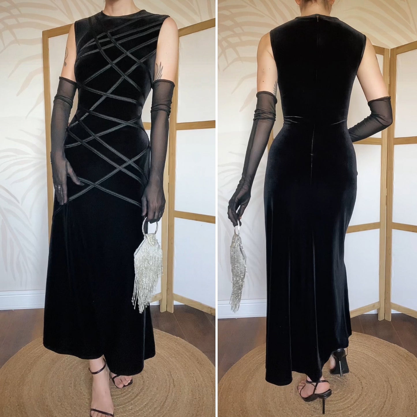 Simon Ellis black velvet stretch evening dress uk 14