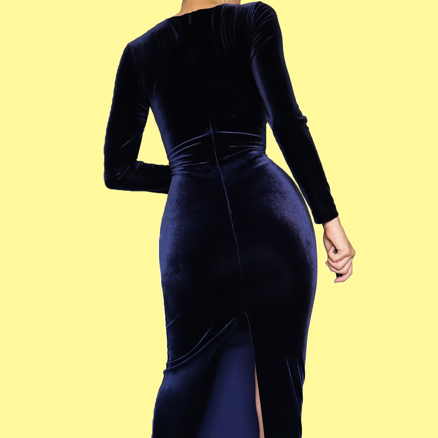 Navy velvet stretch long sleeve beaded evening dress UK 10-12