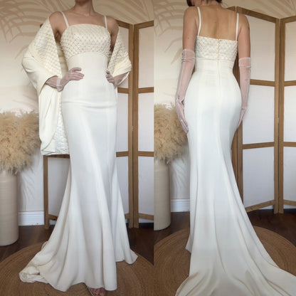 Rena Koh ivory figure hugging wedding dress & shawl uk 8-10