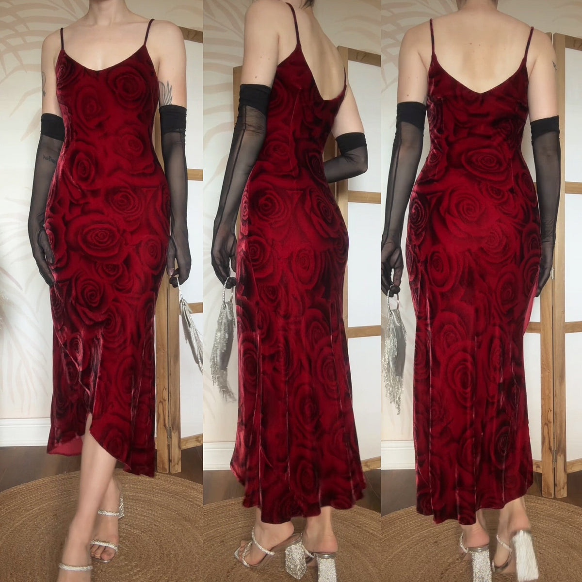 Silk blend rose print velvet slip dress uk 8