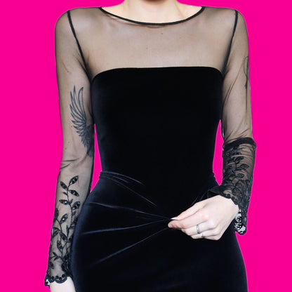 Black velvet long sleeve evening dress UK 12