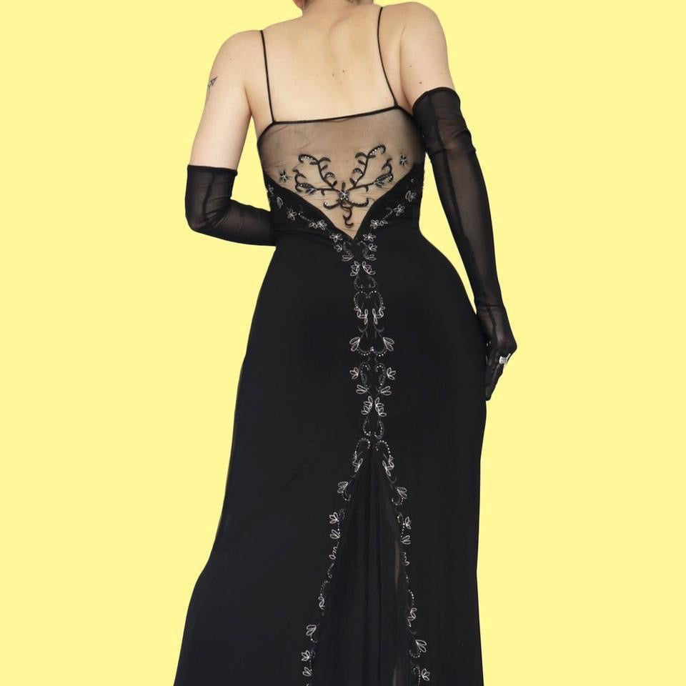 Black 90s stretch floral embroidered evening dress UK 14