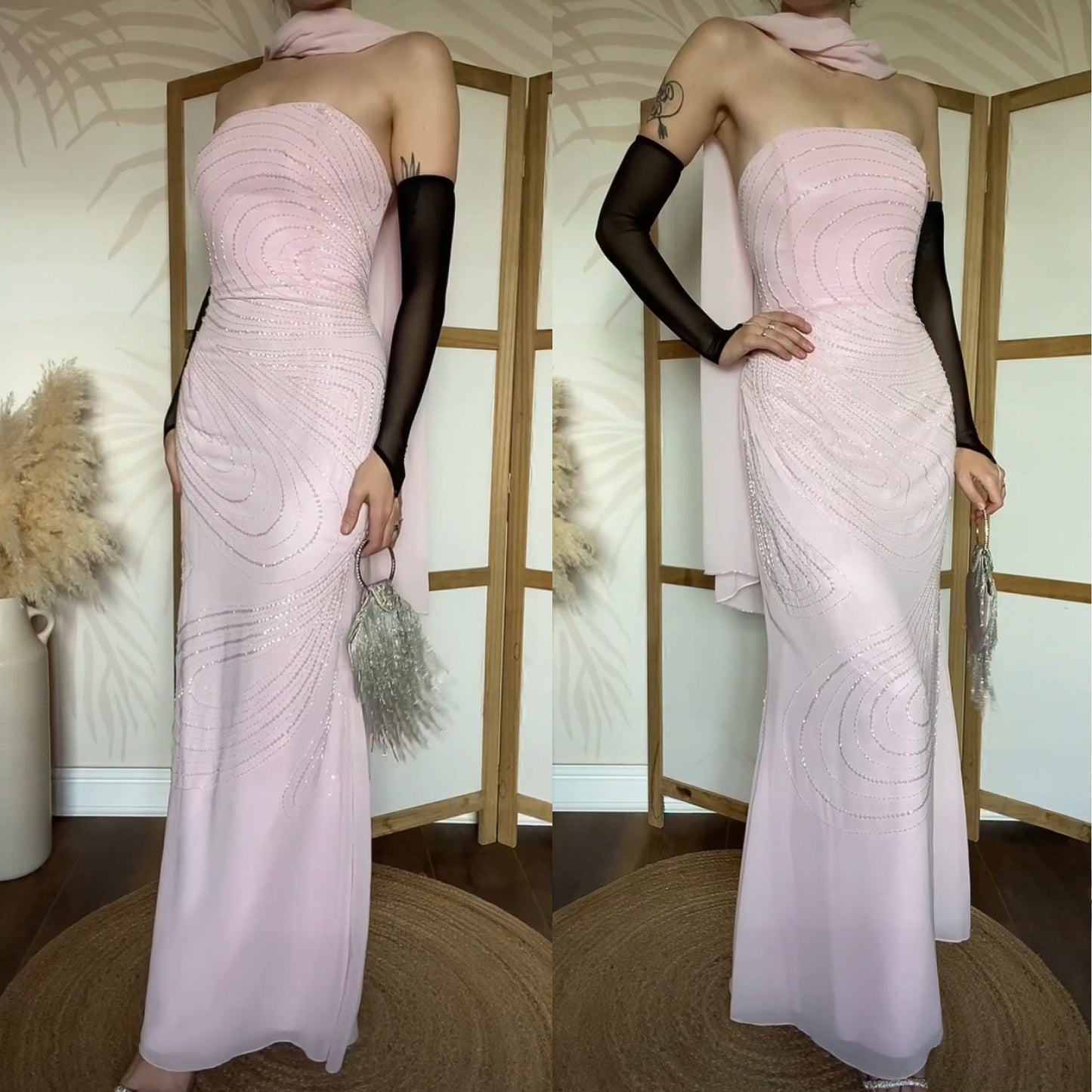 Light pink strapless beaded evening dress & shawl uk 14
