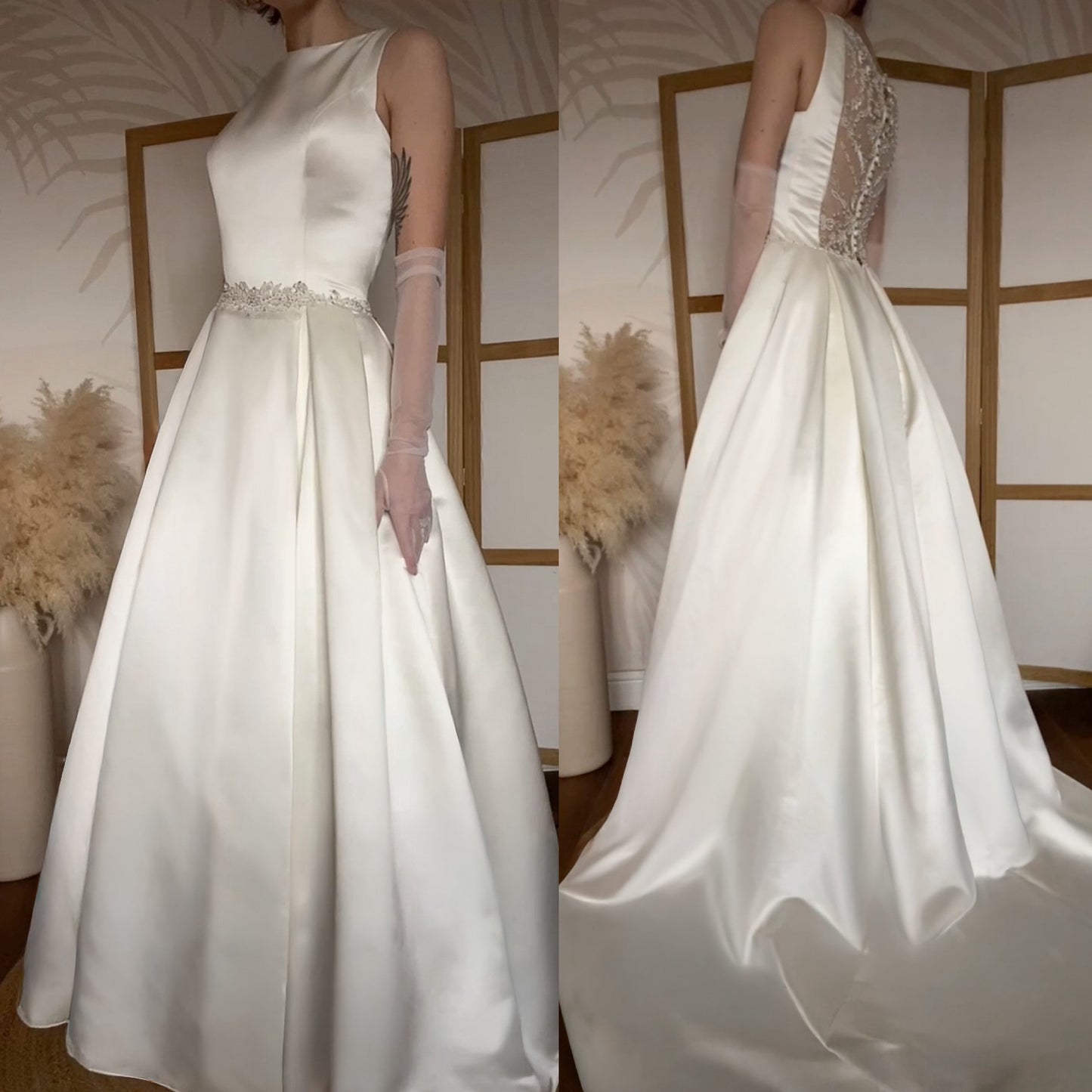 Hilary Morgan ivory satin fit & flare wedding dress uk 14