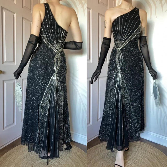 Black one shoulder beaded evening dress UK 12 & UK 16