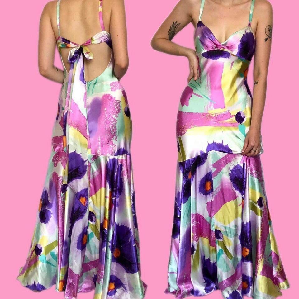 Silky colourful print fishtail evening dress UK 14
