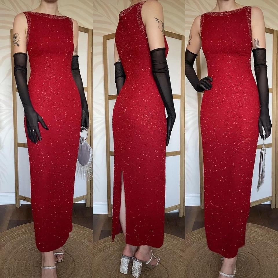 Serenade 100% silk red beaded vintage evening dress uk 10