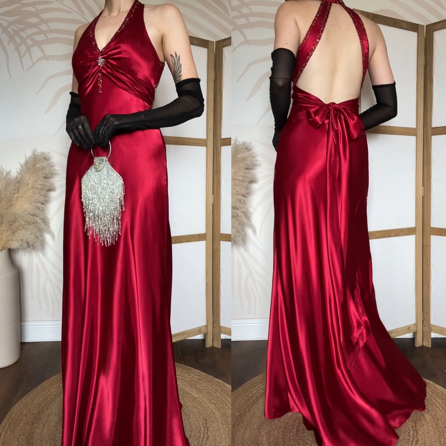 Niki Livas red satin open back evening dress uk 10