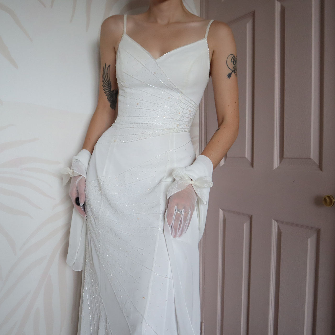 White beaded wedding dress with shawl UK 12