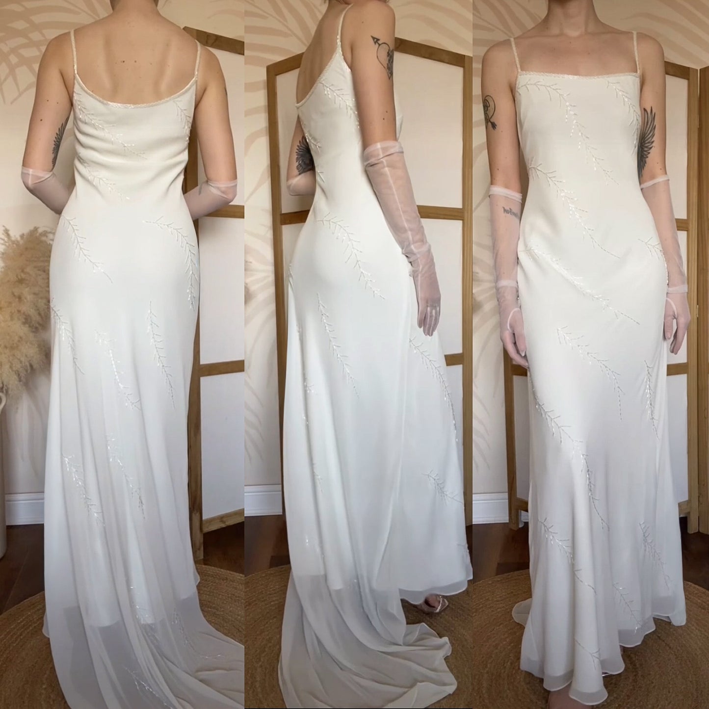Ivory chiffon beaded wedding dress uk 14