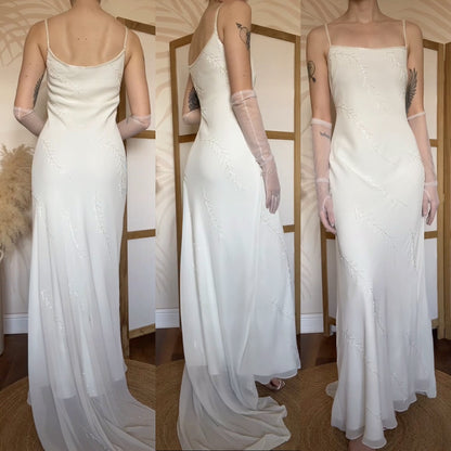 Ivory chiffon beaded wedding dress uk 14