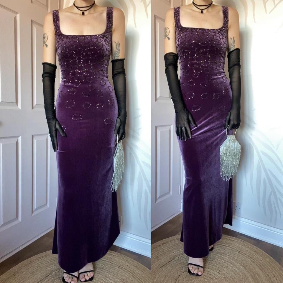 Frank Usher purple velvet beaded gown UK 16