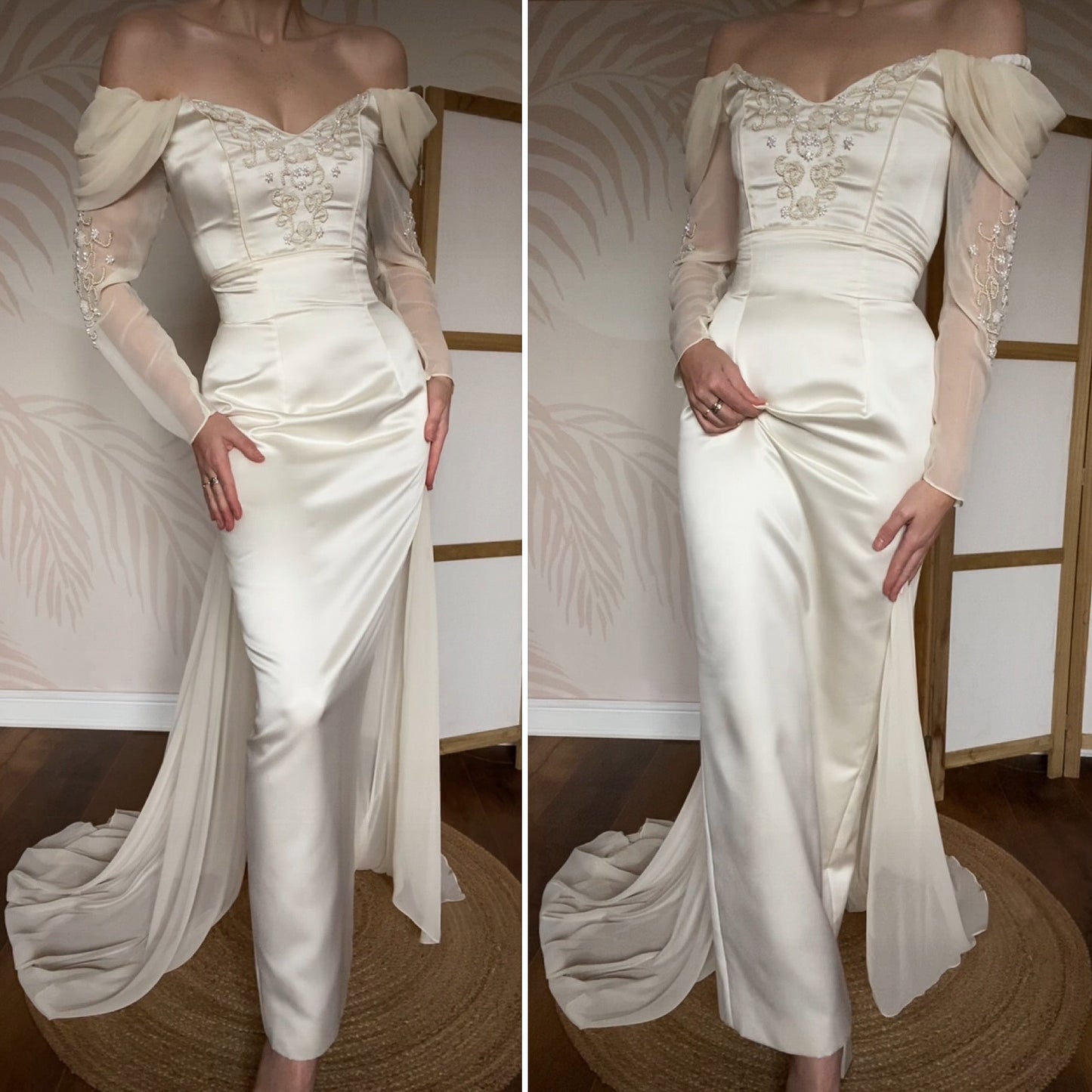 Cream off shoulder fitted wedding dress UK 12