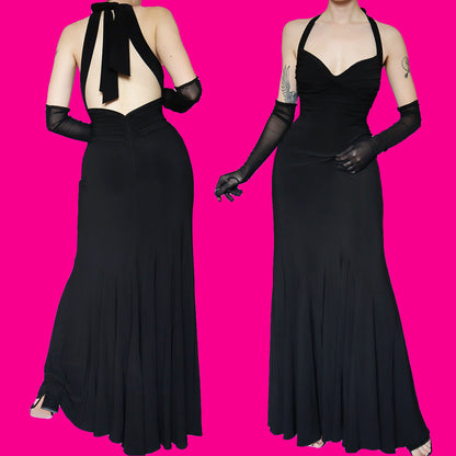 Black stretch open back evening gown UK 14