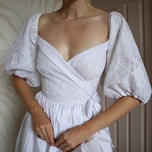 Load image into Gallery viewer, White puff sleeve wrap midi wedding dress UK 8-10
