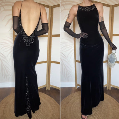 Dave & Johnny black low back velvet evening dress UK 14