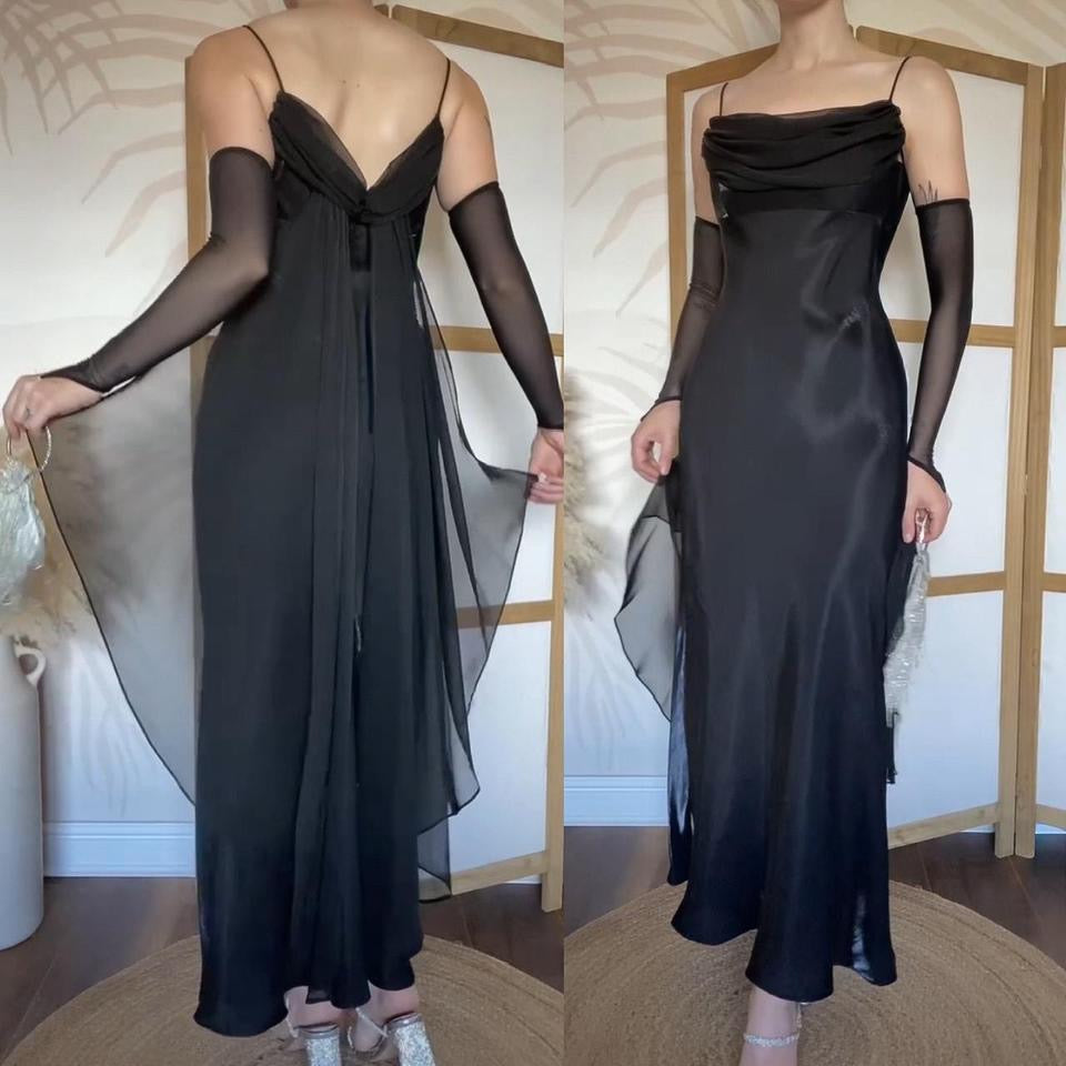 Silky black chiffon detail prom dress uk 14